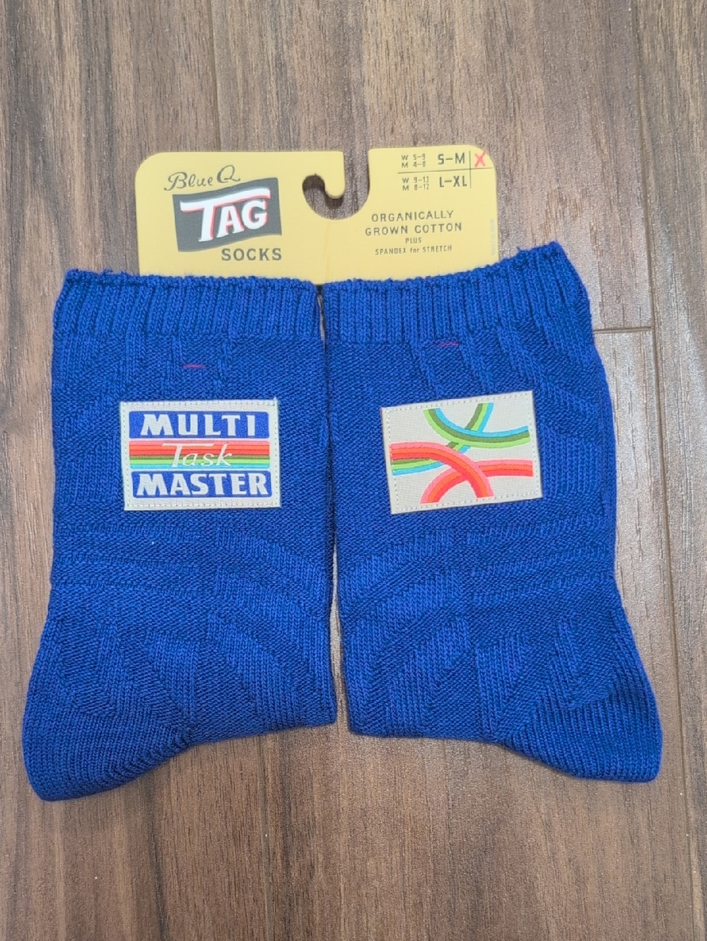 Blue Q Royal Blue Crew Socks with Colorful Patch Accents